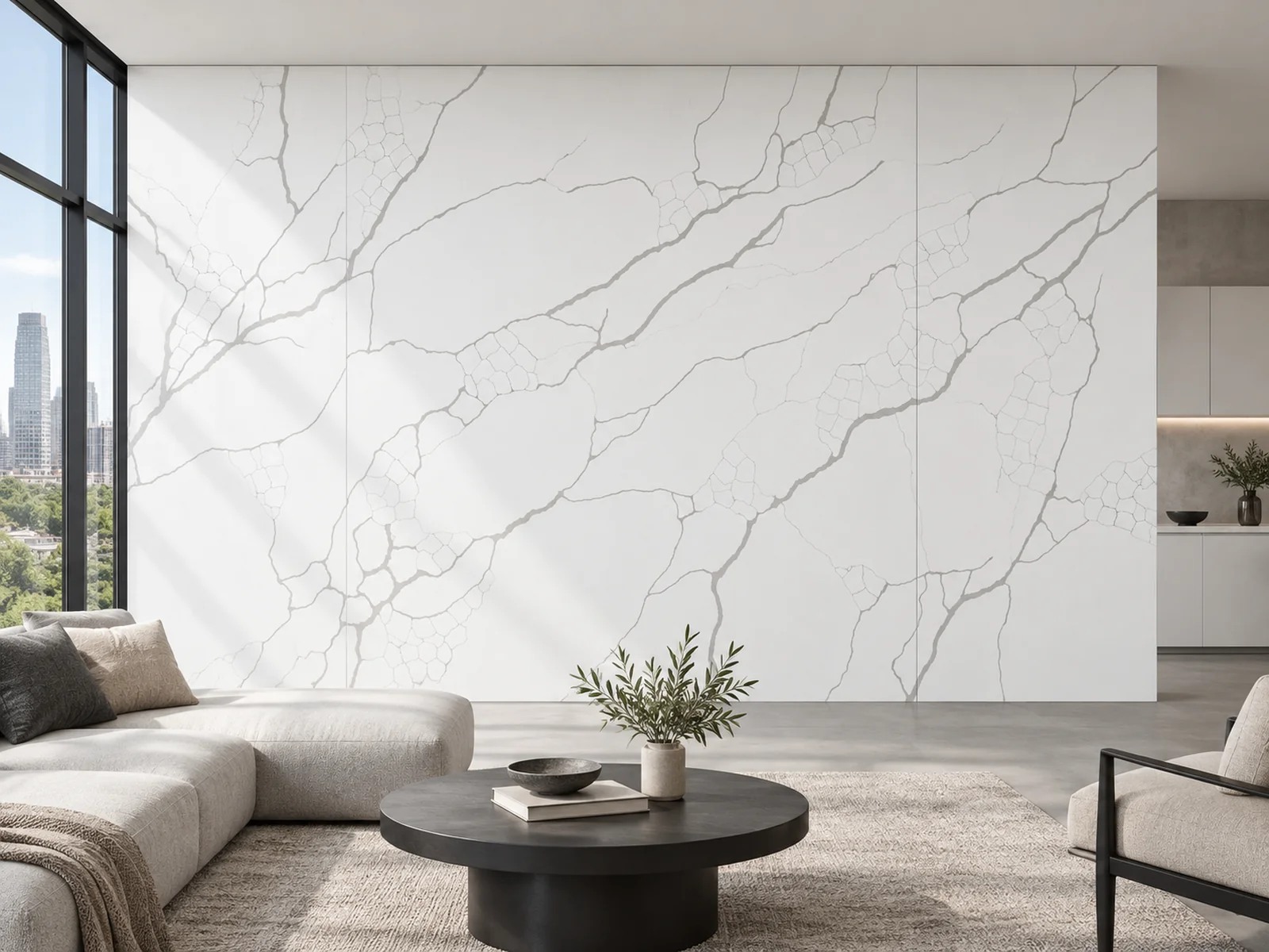Auro Quartz Calacatta 6601 quartz as a full-height feature wall