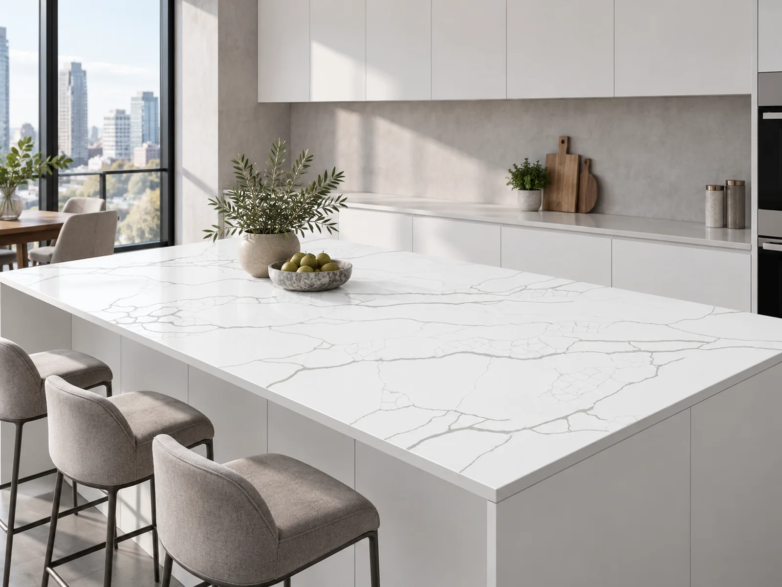 Auro Quartz Calacatta 6601 quartz on a kitchen island top