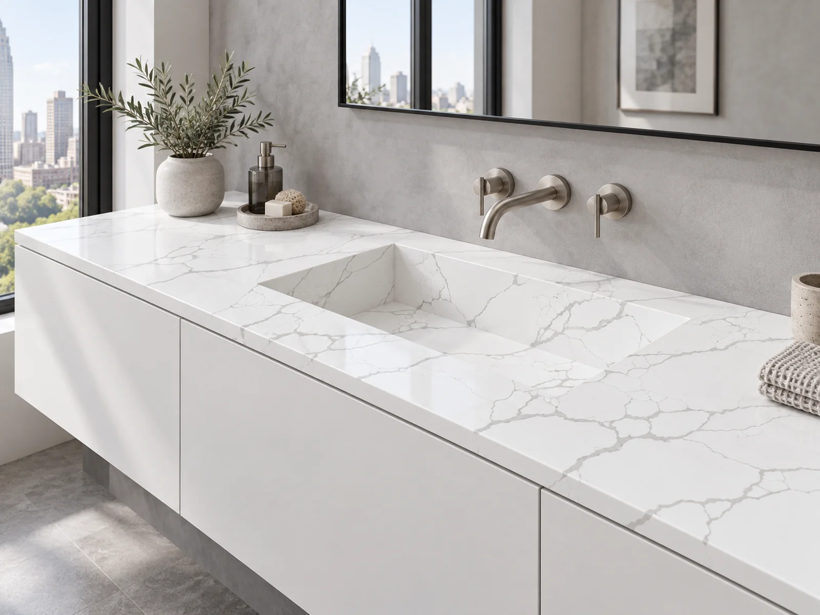 Auro Quartz Calacatta 6601 quartz vanity top with an integrated quartz sink