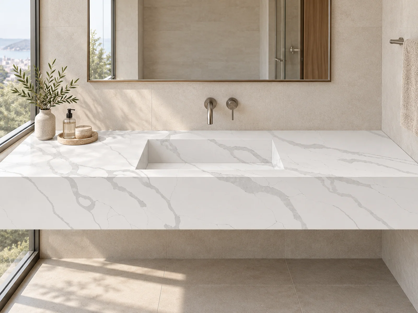 Rendering of an Auro Quartz Calacatta 6606 vanity top with an integrated sink