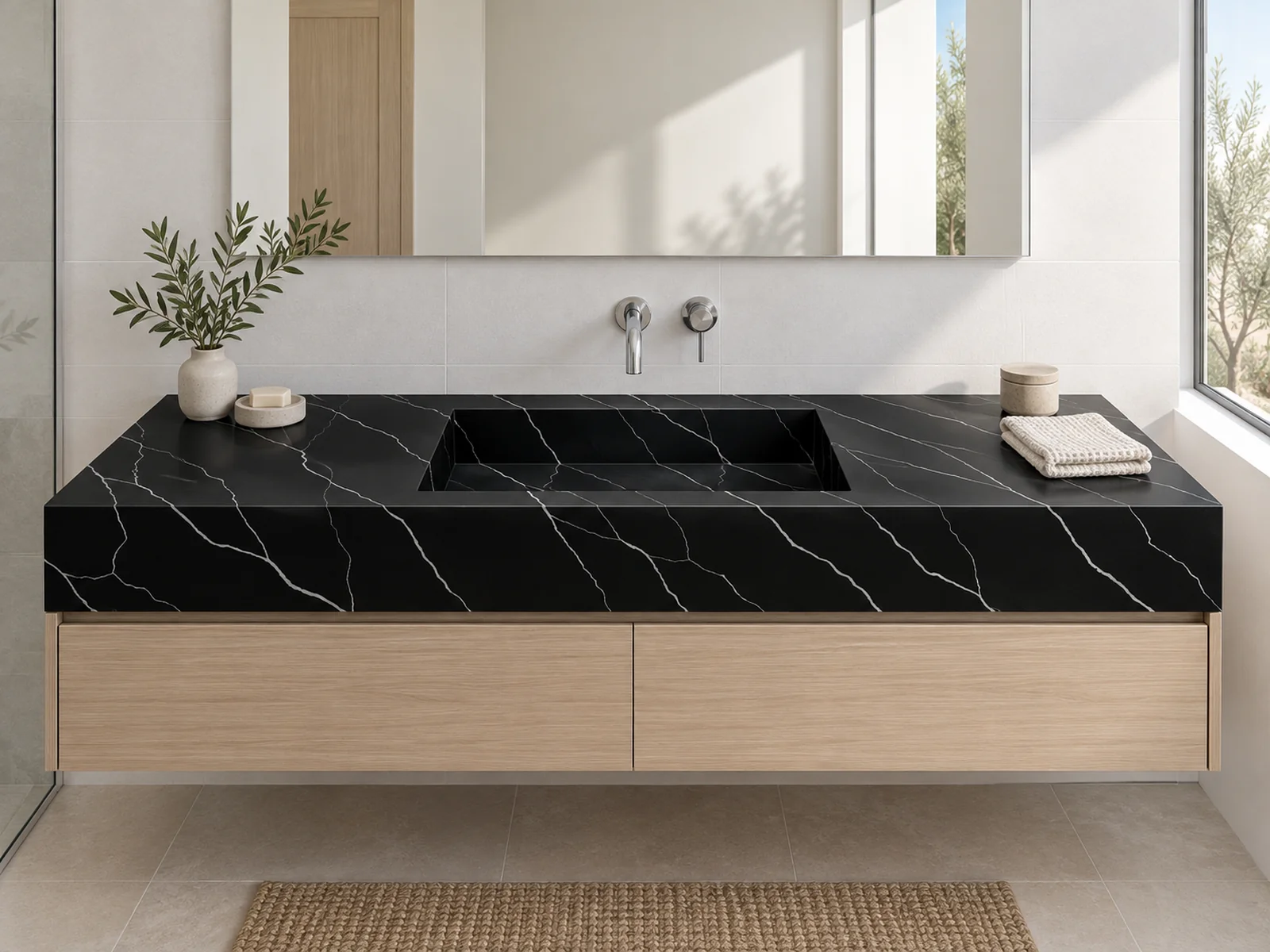 Rendering: Vanity top with integrated sink in Auro Quartz Calacatta 6612