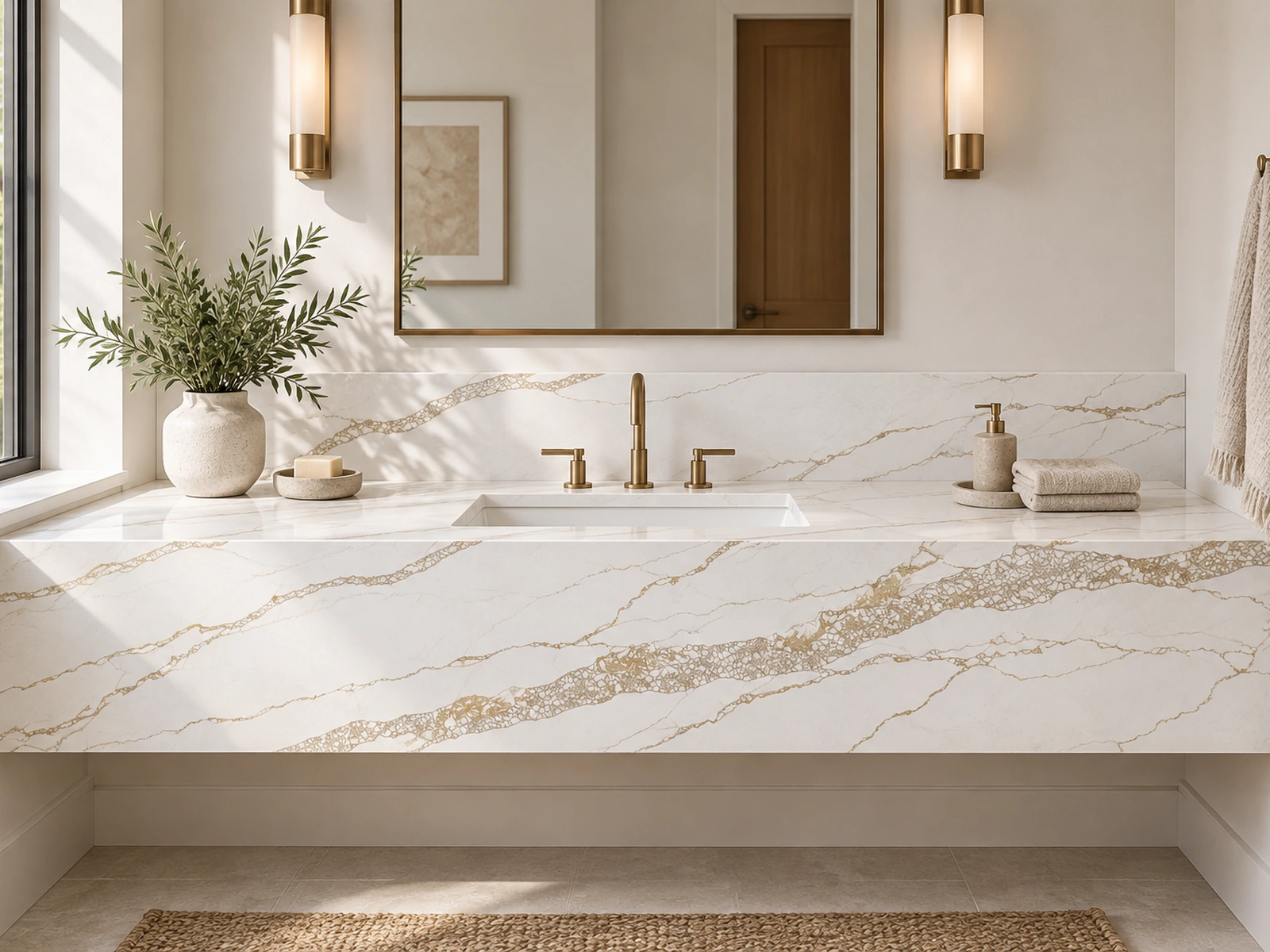 Rendering of Auro Quartz quartz used for bathroom vanity tops