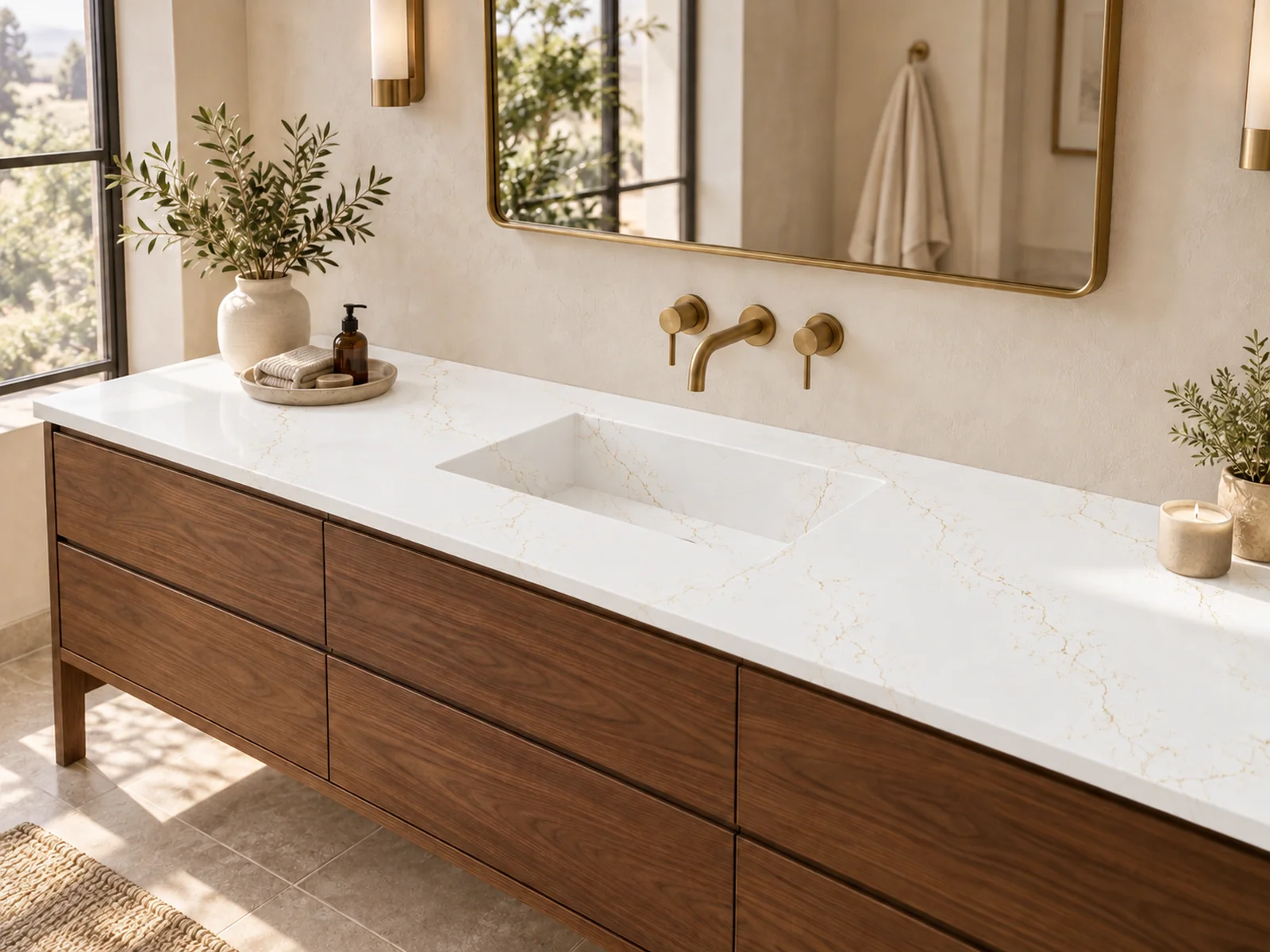 Rendering: Vanity top with integrated sink in Auro Quartz Calacatta 6623 Gold