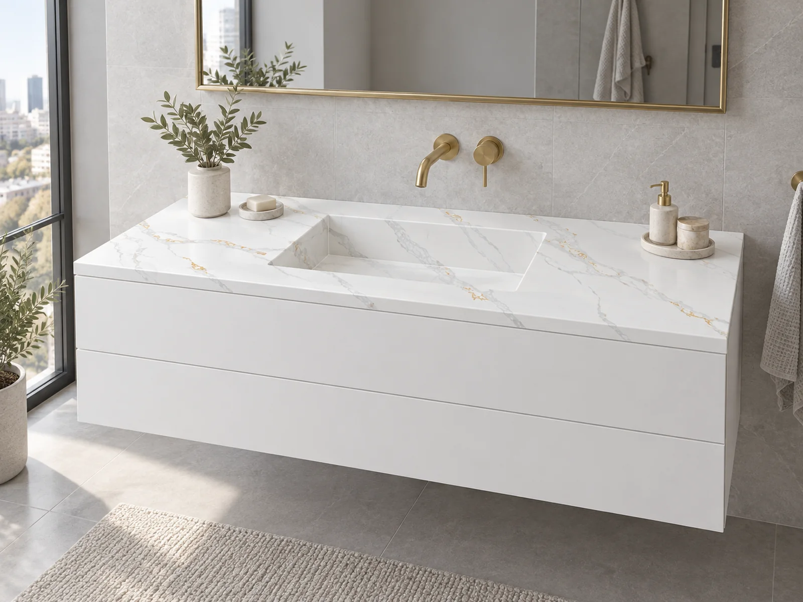 Rendering: Vanity top with integrated sink in Auro Quartz Calacatta 6626