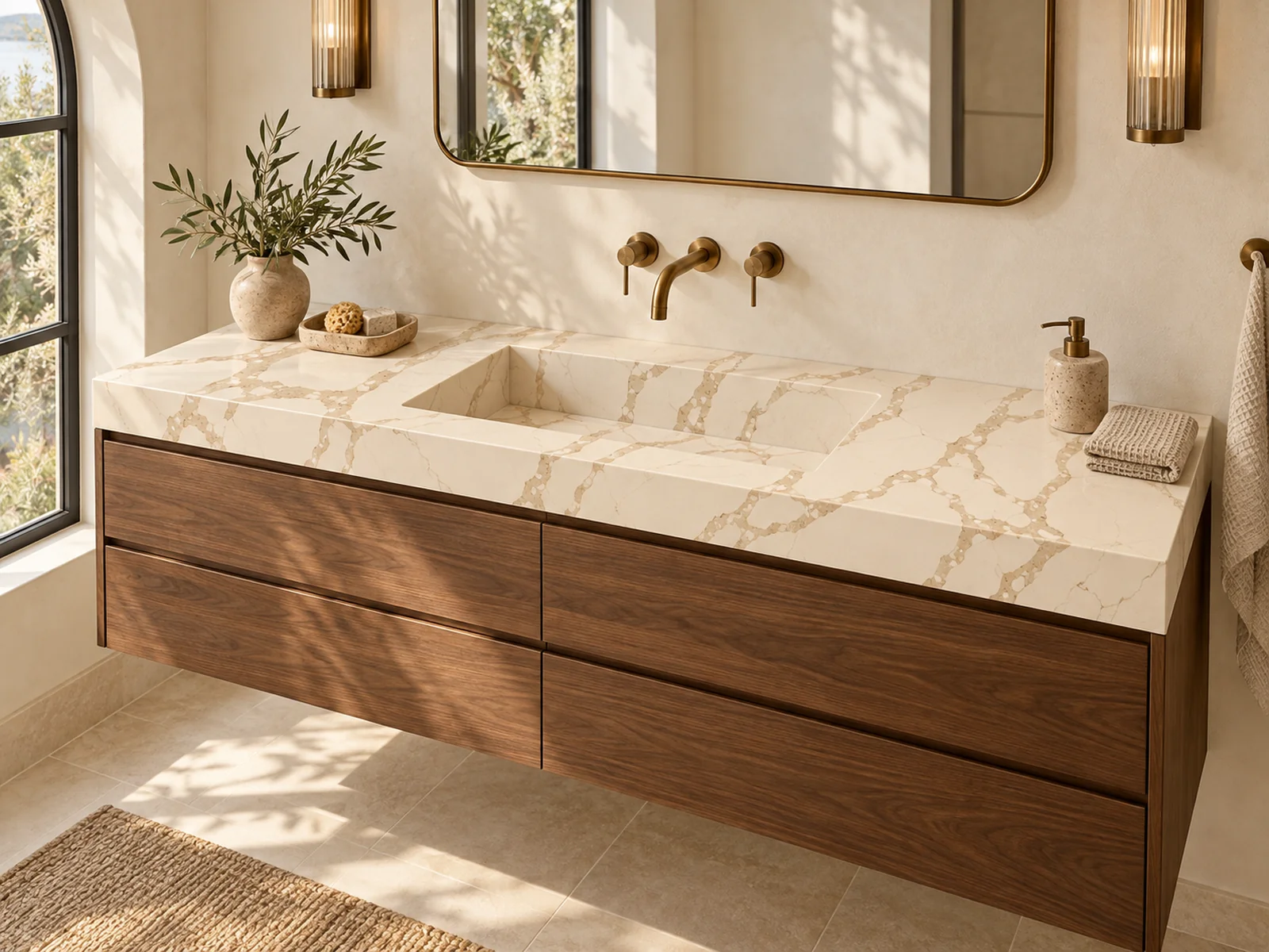 Rendering: Vanity top with integrated sink in Auro Quartz Calacatta 6635
