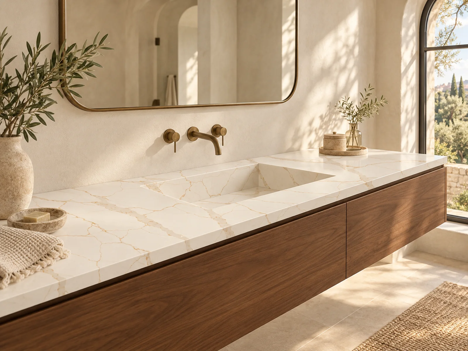 Rendering: Vanity top with integrated sink in Auro Quartz Calacatta 6638