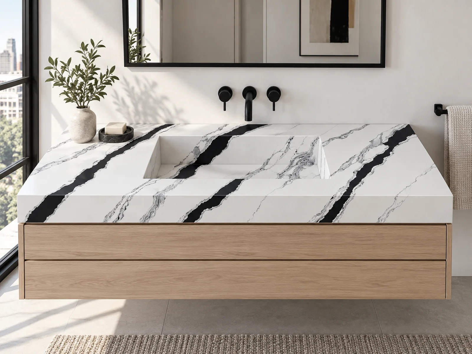 Rendering: Vanity top with integrated sink in Auro Quartz Calacatta 6648