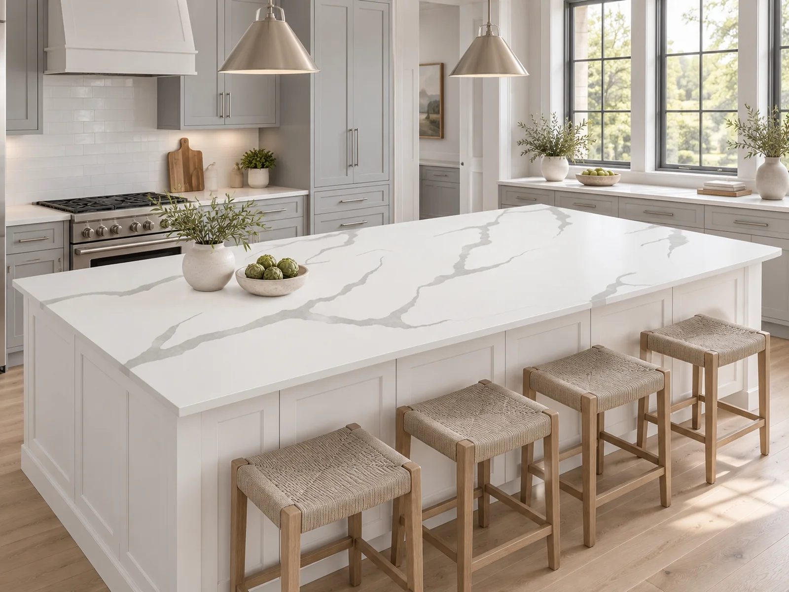Rendering of a kitchen island in Auro Quartz Calacatta 6653