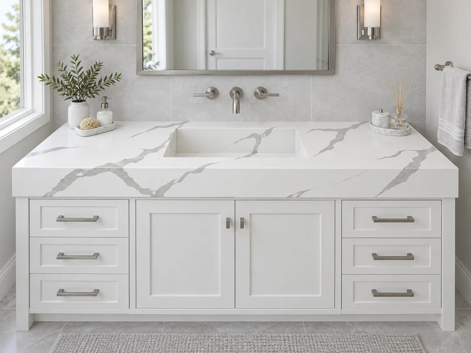 Rendering: Vanity top with integrated sink in Auro Quartz Calacatta 6653