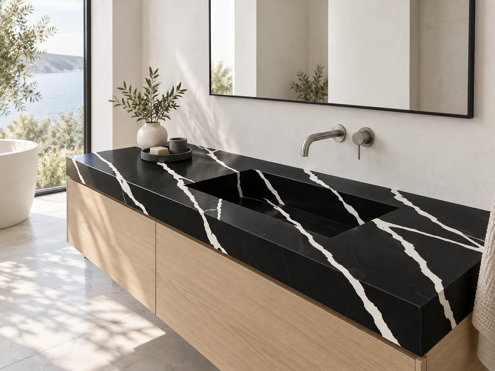 Rendering: Vanity top with integrated sink in Auro Quartz Calacatta 6656