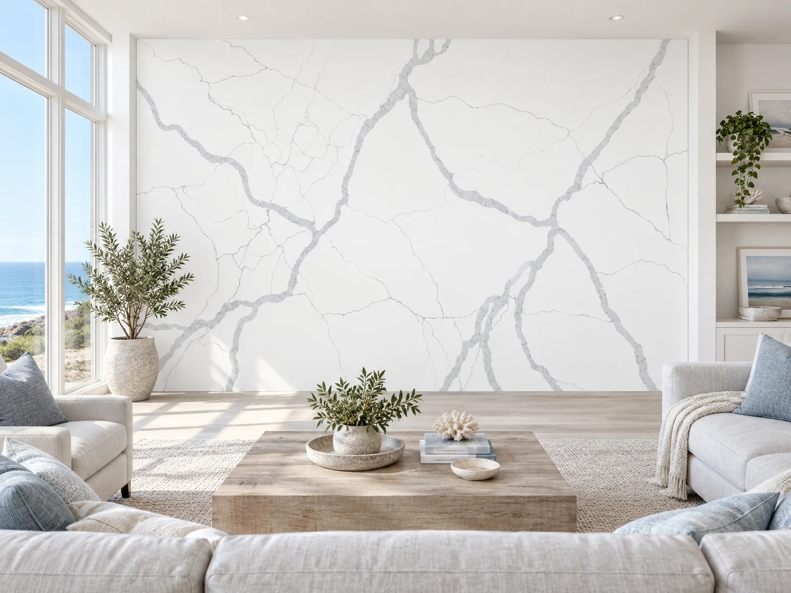 Rendering: Full-height feature wall in Auro Quartz Calacatta 6888