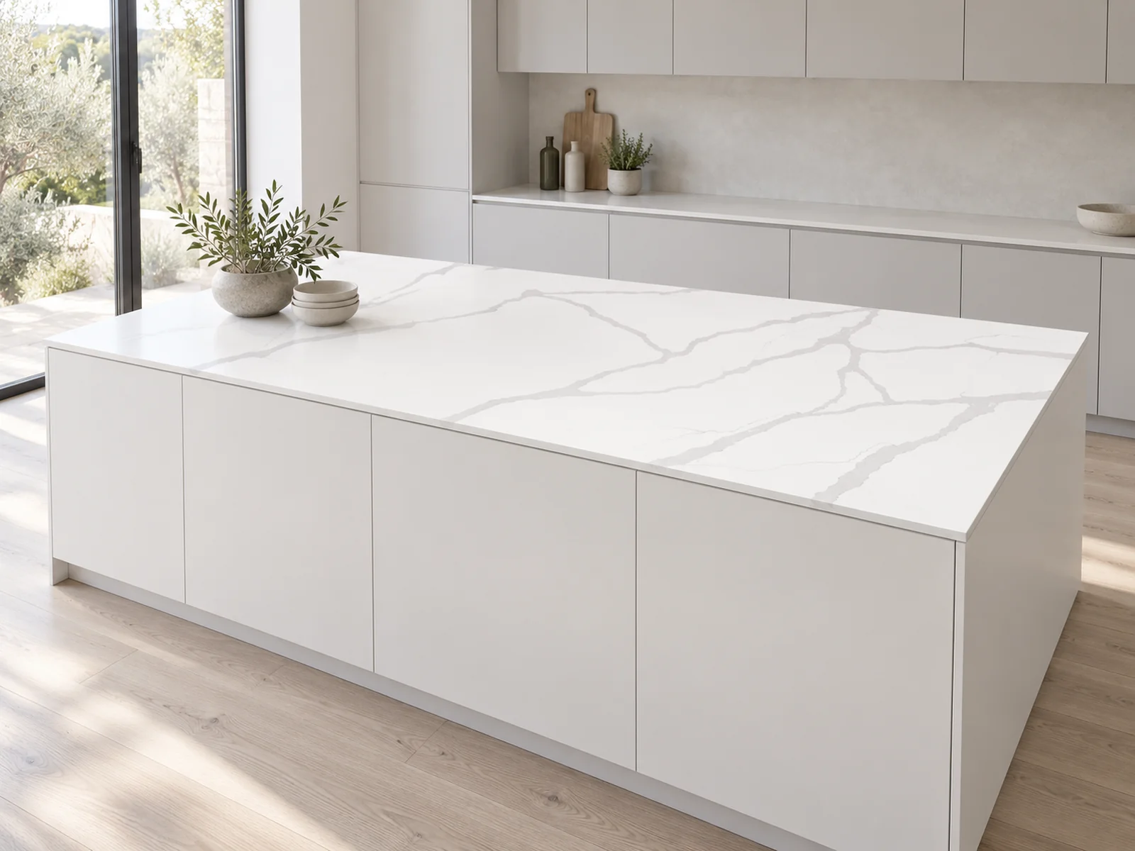 Rendering: Kitchen island top in Auro Quartz Calacatta 6922