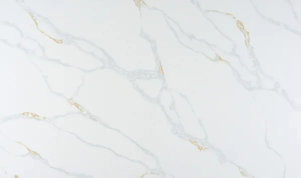 Auro Quartz Calacatta 6626 quartz slab, white base, wide grey veins with gold accents