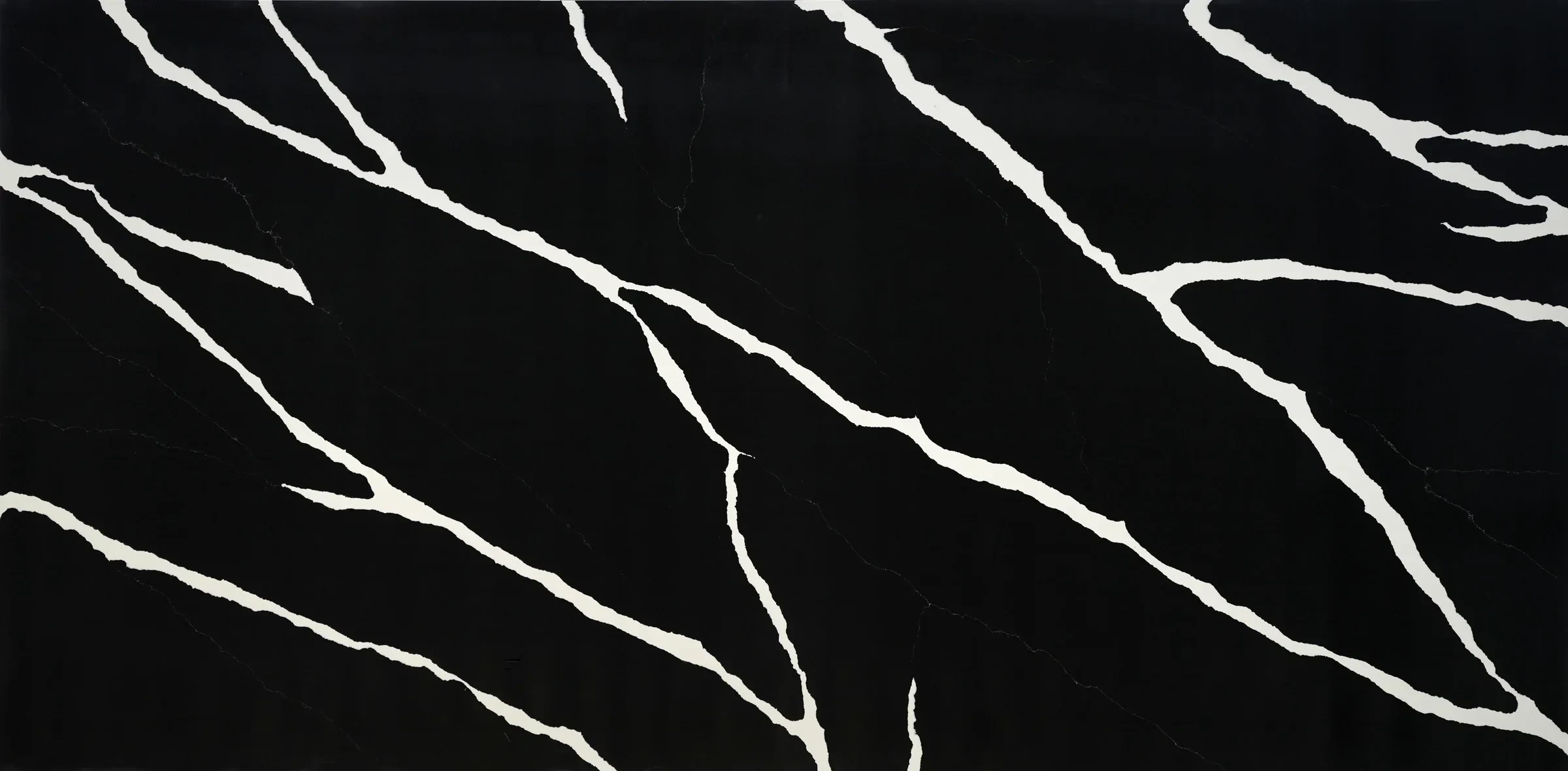Full slab of Auro Quartz Calacatta 6656 black quartz with bold white veins