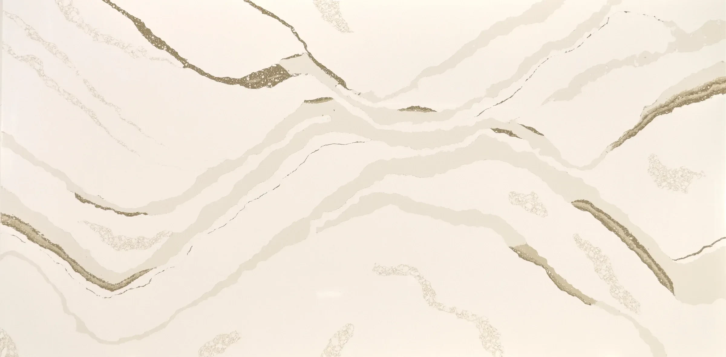 Full slab of Auro Quartz Calacatta 6733: Ivory base, wide waves of cream, taupe and gold
